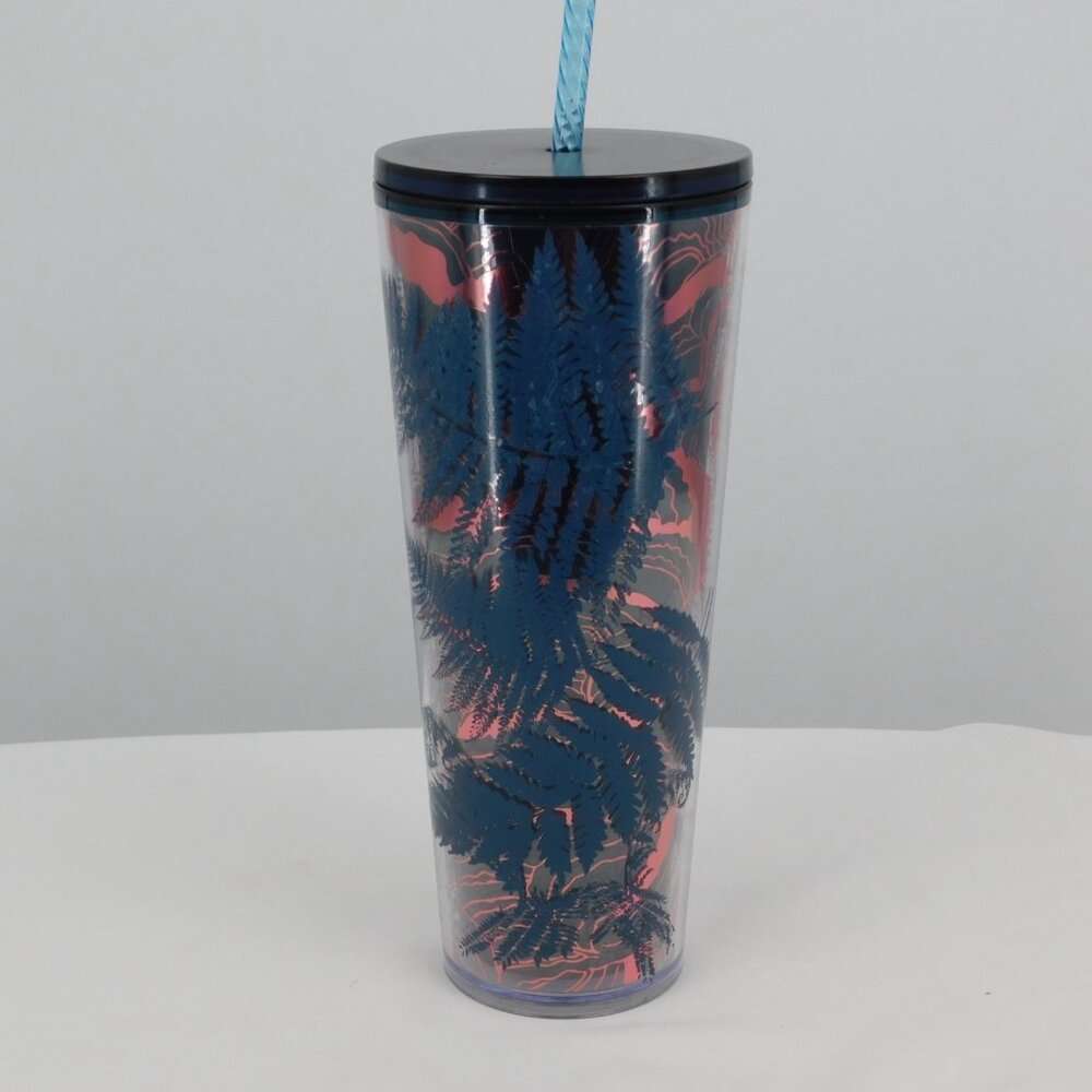 Starbucks Fall 2022 Ocean Fern Blue Rose Gold Foil 24oz Venti Cold Tumbler Straw - Picture 5 of 9